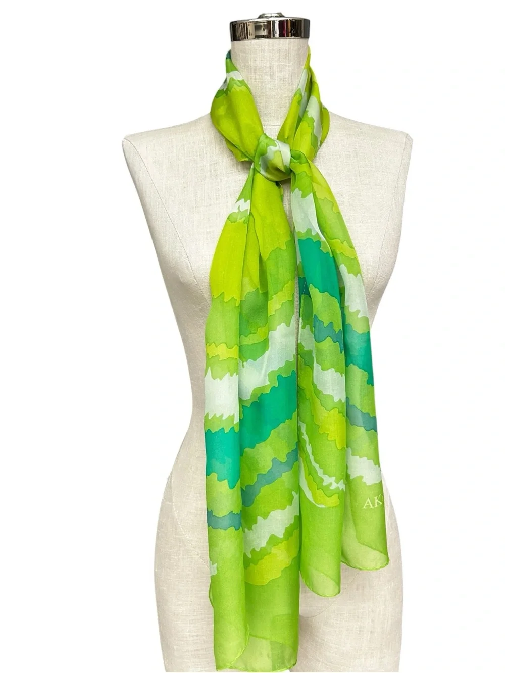 Anne Klein Green Multi-Tone Patterned Scarf Silk Sheer Skinny Scarf